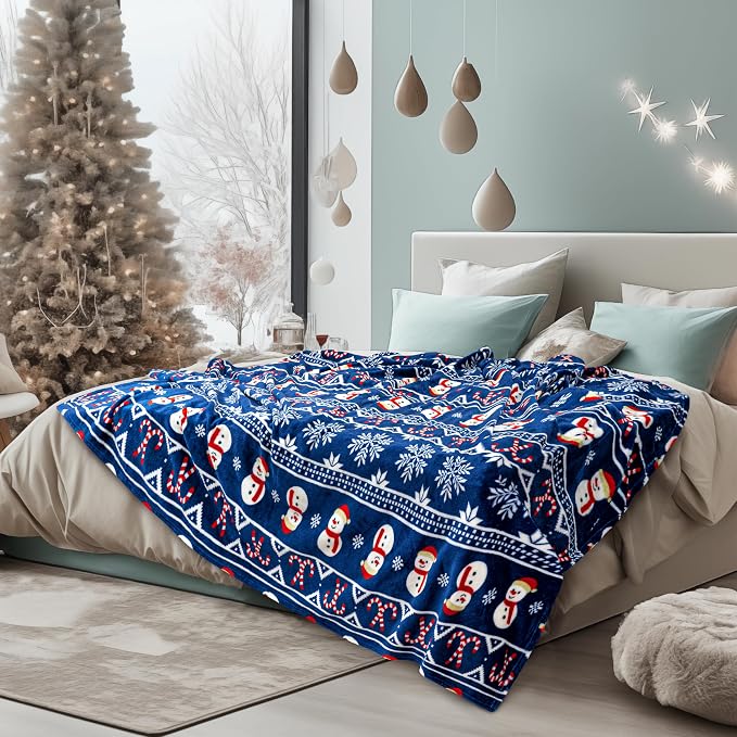 PAVILIA Christmas Snowman Throw Blanket | Blue Holiday Christmas Fleece Blanket | Soft, Plush, Warm Winter Cabin Throw, 50x60 (Blue Christmas)