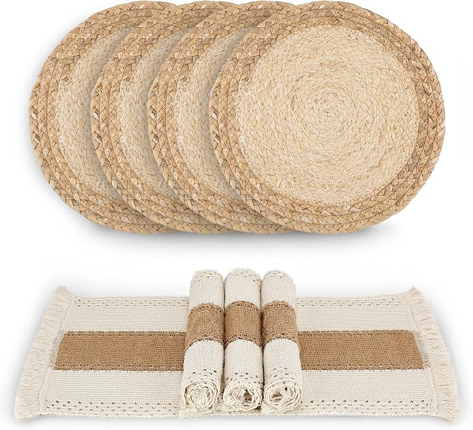 Placemats Set of 4 with 4 PCs Round Placemats and 4 PCs Table Mats | Natural,Handmade,Boho Woven Placemat,Burlap Table Placemats,Heat Resistant for Kitchen and Dining Table Farmhouse Décor