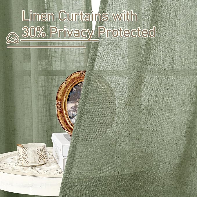 Sage Green Linen Curtains 72 Inch Semi Sheer Grommet 52x72 2 Panels