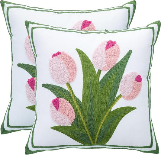 LUOYEHK Embroidered Throw Pillow Covers 18x18 Inch Set of 2 Pink Tulip Flower Spring Pillowcases Farmhouse Floral Square Cushion Covers for Couch Sofa Bed Living Room
