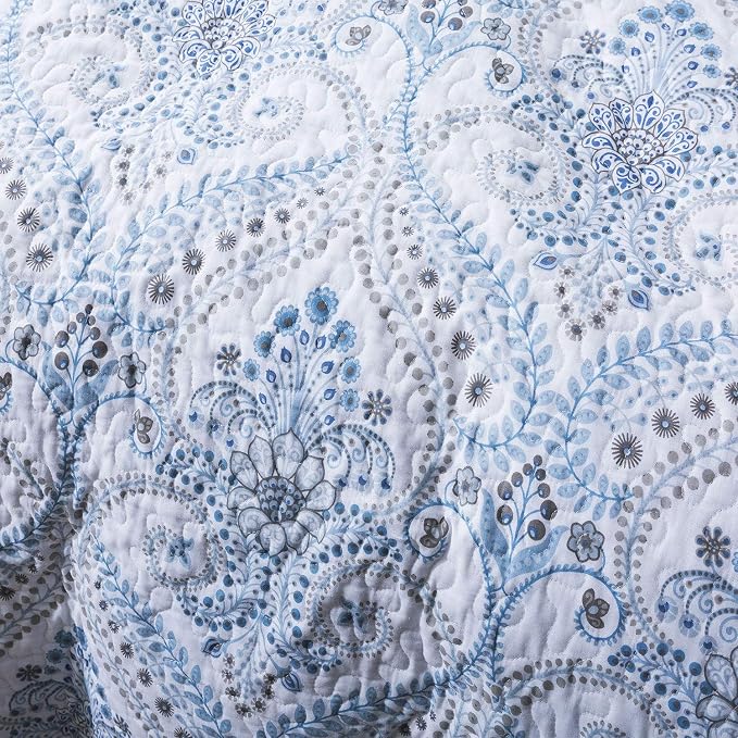 NEWLAKE Cotton Bedspread Quilt Sets-Reversible Patchwork Coverlet Set, Blue Classic Royal Pattern, King Size