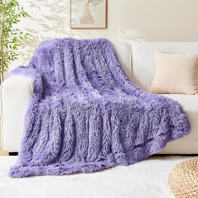 GONAAP Fuzzy Faux Fur Throw Blanket for Couch, Lavender, 50"x60" | Warm Cozy Plush Shaggy Decorative Reversible Thick Non-Heated Fleece Blanket for Sofa Bed, Gift for Women Men, All Season Use