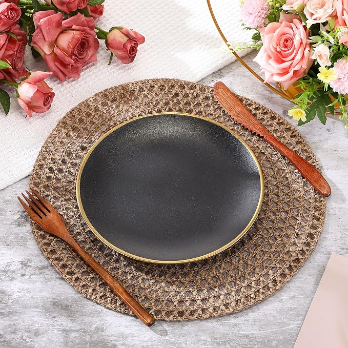 24 Pcs 13 Inch Round Burlap Placemat Boho Jute Woven Charger Bulk Rustic Vintage Natural Brown Heat Resistant Dining Table Mat for Wedding Farmhouse Craft Home Kitchen Summer Party (Classic)