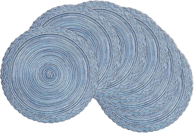 SHACOS Round Placemats Set of 6 Woven Kitchen Table Mats 15 inch Circle Braided Border Washable Cotton Polyester Place Mats, Multicolor Blue Grey