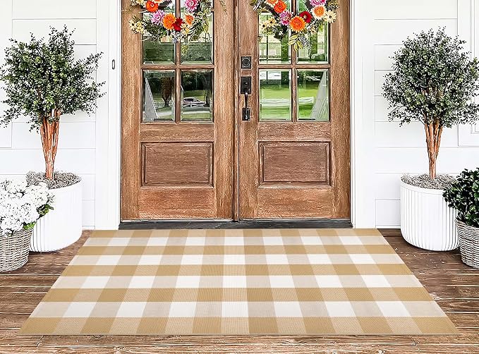 3' x 5' Outdoor Rug, Checkered Washable Rug Khaki and White Front Porch Rug Washable Front Door Mat Outdoor for Hello Welcome Mat, Bedroom, Entryway, Patio