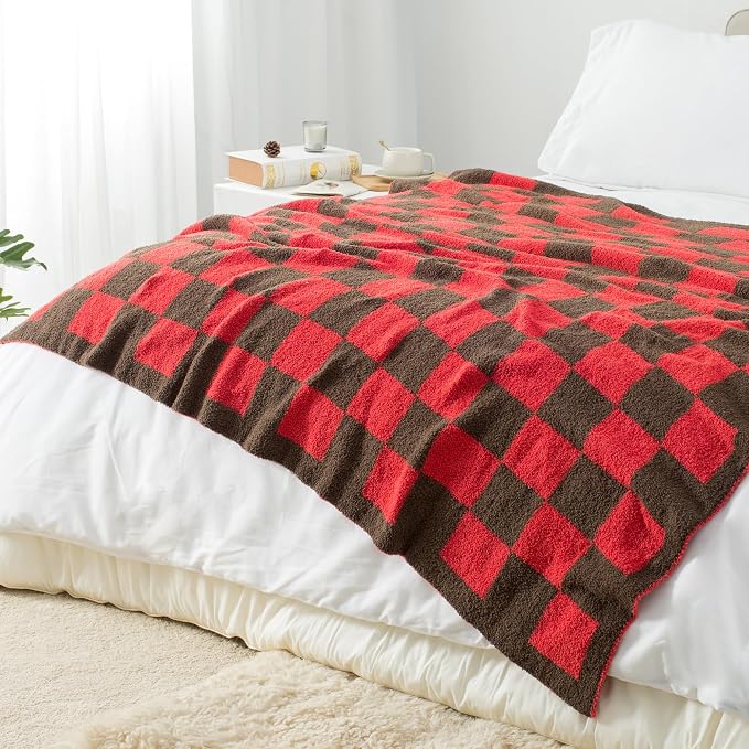 Carriediosa Checkered Throw Blanket 50x60, 400GSM Ultra Soft Microfiber | Red, Fuzzy Fluffy Cozy Plush Knit Knitted Plaid Checker, Lightweight Cute Preppy Fall Blankets & Throws for Couch, Bed