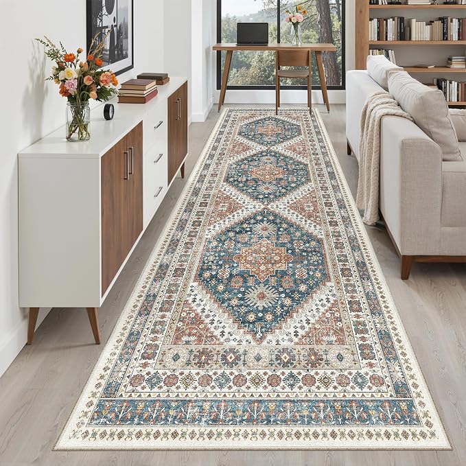 Madane Hallway Runner Rug 3x10 Washable Kitchen Runners 10ft, Navy Blue | Vintage Non-Slip Entryway Area Rugs Indoor, Low-Pile Farmhouse Wide Floor Carpet for Bathroom Living Room Bedroom
