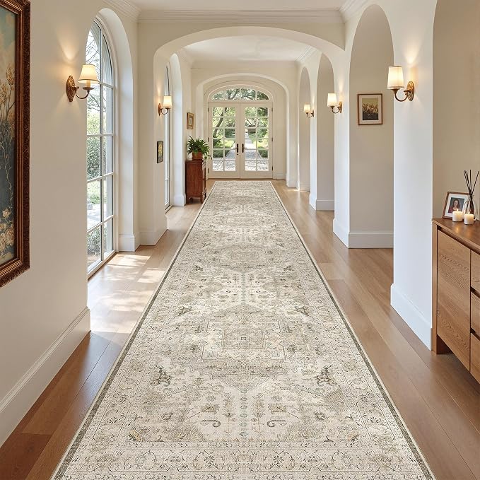 Madane Hallway Runner Rug 3x18 Washable Kitchen Runners 18ft, Ivory/Brown | Vintage Non Slip Extra Long Area Rugs for Hallways, Soft Low-Pile Farmhouse Wide Floor Carpet for Entryway Bathroom Bedroom