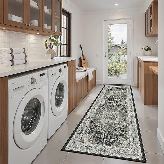 Madane Washable Runner Rug 2x6 Runners for Hallways, Grey Green/Black Olive | Vintage Stain-Resistant 6 Feet Kitchen Rug, Soft Low-Pile Non Slip Floor Carpet Mat for Bathroom Laundry Room Bedroom 2x6ft