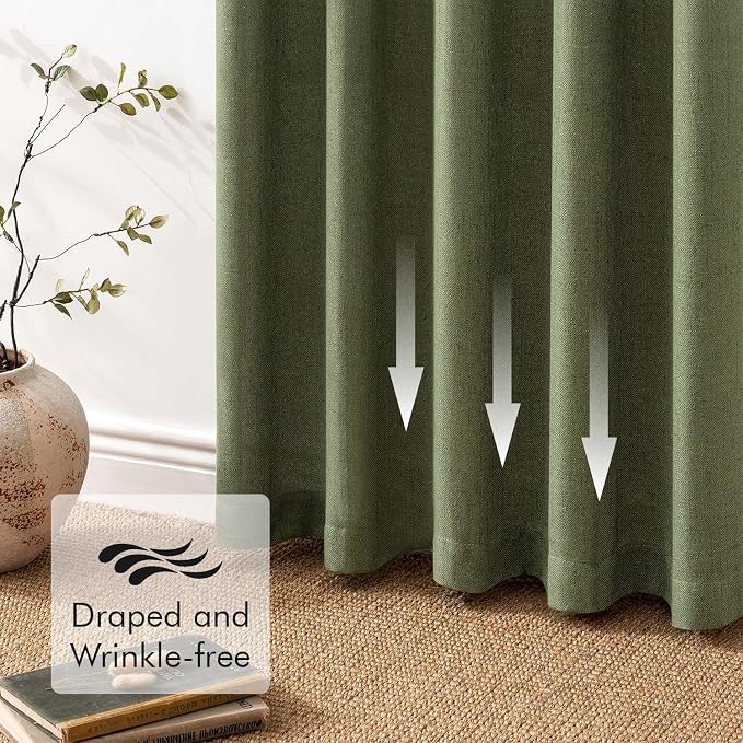MIULEE Faux Linen Curtains 63 Inch Length 2 Panels Natural Olive Green Semi Sheer Curtain with Back Tab Rod Pocket, Light Filtering Window Privacy Burlap Drapes for Living Room Bedroom 42W x 63L