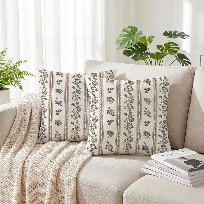 Hexagram Vintage Throw Pillow Covers 18x18, Floral Brown Pillow Covers | Brown, Set of 2, Boho Farmhouse Neutral Decorative for Couch Pillows, Home Decor, Bedroom, Living Room, No Insert
