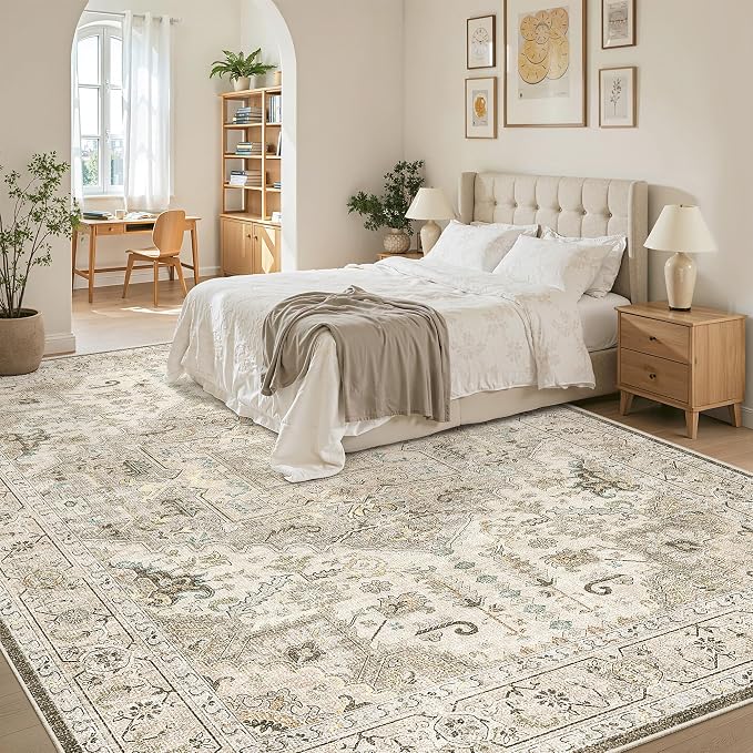 Madane 8x10 Area Rugs for Living Room, Non-Slip Washable Rug, Ivory/Brown | Ultra-Thin Stain Resistant Vintage Large 8'X10' Carpet, Low-Pile Floor Mat For Bedroom Dining Room Office Home Decor