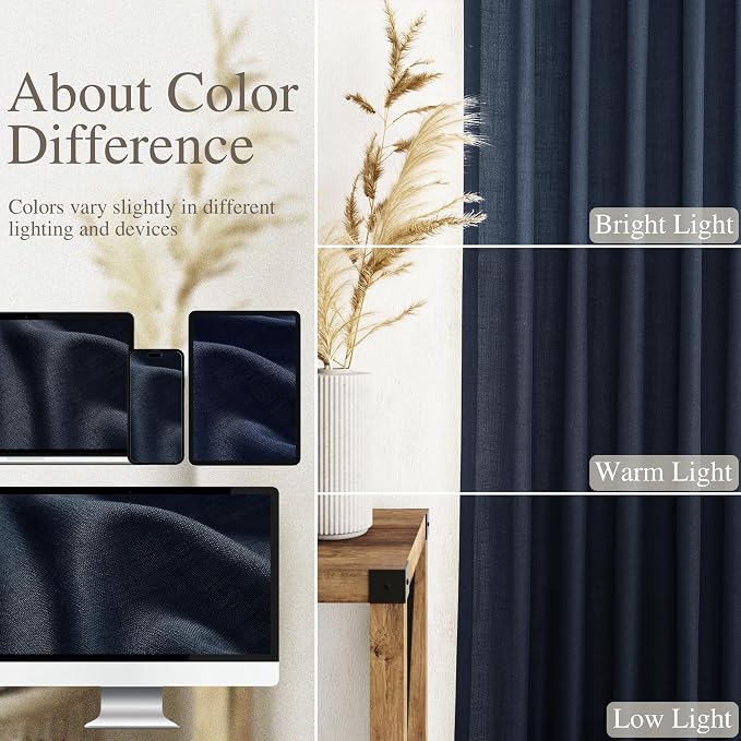 Navy Blue Curtains 80 Inches Length for Living Room Back Tab Rod Pocket Semi Sheer Linen Drapes Muted Neutral Boho Indigo Blue Linen Textured Window Curtain for Dining Room 52X80 Inch