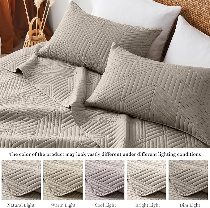 Davulos Twin Quilt Set,Taupe Lightweight Reversible Bedspread for All Seasons,Soft Modern Microfiber Geometric Coverlet for Dorm Room or Guest Bedroom(1 Quilt,1 Pillow Sham)