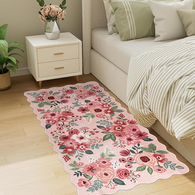 DUKINO 2x4 Rug for Entryway, Floral Washable Kitchen Rugs Non Slip, Pink | Soft, Low Pile, Stain Resistant Throw Runner Rug for Hallway, Bedroom, Bathroom, Laundry, Pet Friendly, Modern Home Decor