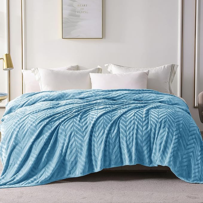 Whale Flotilla Flannel Fleece Bed Blanket Queen Size, Stone Blue | Lightweight Breathable Soft Bedspread, Plush Fluffy Coverlet Chevron Design Decorative Blanket for All Season, 90x90 Inch
