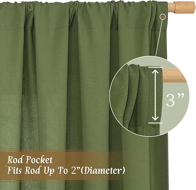 Olive Green Semi Sheer Linen Curtains 72 Inch Length for Living Room | Light Filtering, Faux Linen Textured, Neutral, Christmas Panels for Farmhouse, Bedroom, Rod Pocket, 2 Panels, 52 x 72 Inch