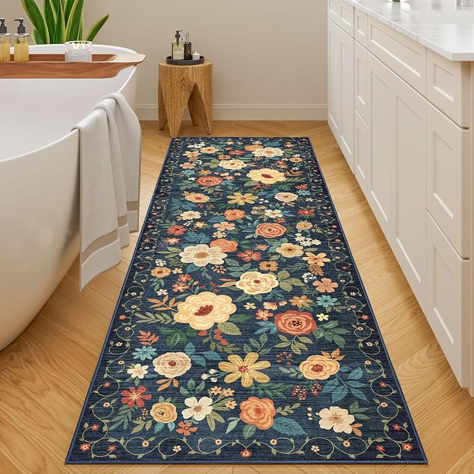 DUKINO 2x6 Runner Rug for Hallway Washable Kitchen Rugs Non Slip, Navy Blue | Low Pile, Soft, Floral Indoor Rug for Entryway, Bedroom, Laundry, Bathroom, Pet Friendly, Lightweight, Modern Home Decor
