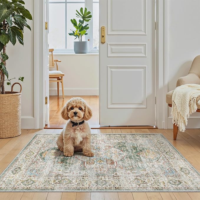 Madane Washable Area Rug 2x3 Small Entryway Rugs Non-Slip, Green | Vintage Stain-Resistant Door Mat Indoor Entrance, Low Pile Floor Carpet for Inside Front Bedroom Kitchen Entry Laundry, Stair