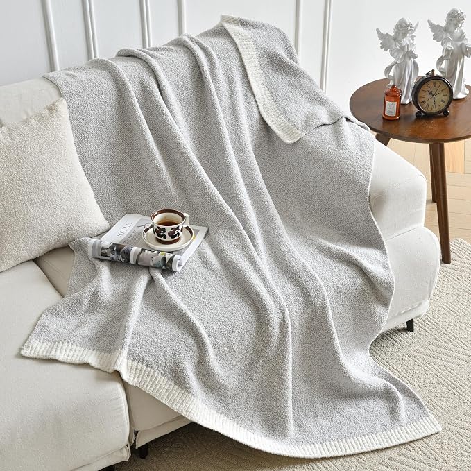 Chunky Knit Boucle Throw Blanket, Soft Washable Coastal Blanket for Bed Couch, Lightweight Cozy Oversized Feather Knit Blanket Indoor Outdoor for Sofa (Grey, Twin 60"x80")