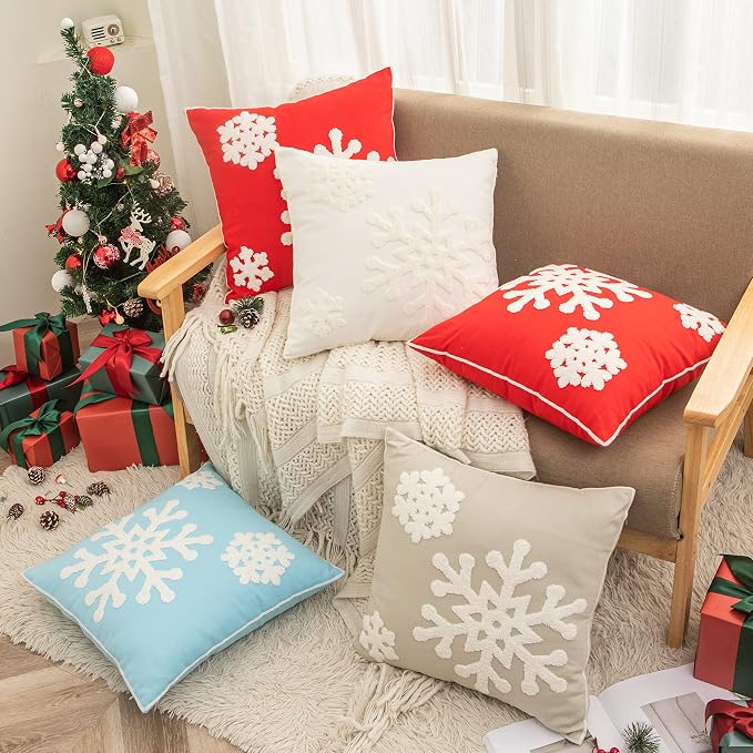 18x18,Cotton Christmas Blessing Throw Pillow Cover for Bed Sofa Cushion Car Snowflake Embroideried Pillowcases,1pair Blue