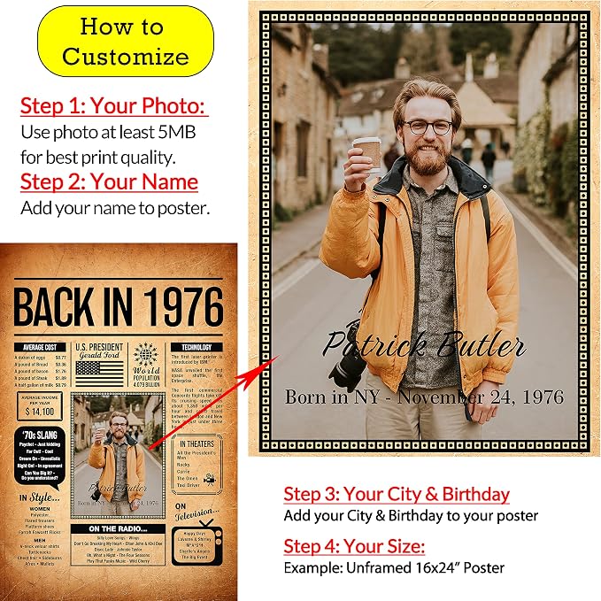 Back in 1976 Poster Sign, Personalized Birthday Gifts Idea, Custom 1976 Historical Birthday Newspaper, Born in 1976 Birthday Party Decorations, Fun Fact for the Day You Were Born, Decor Art Print