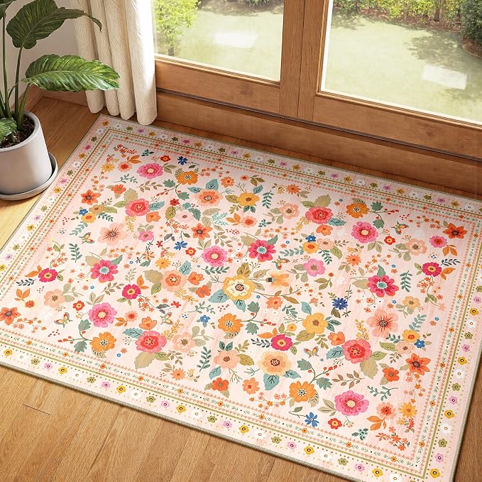 Washable Floral Area Rug for Living Room 2x3 Pink Beige | Non-Slip，Vacuum-Friendly, Low Pile, Flower Carpet for Bedroom Kitchen Entryway Dining Room Office Nursery