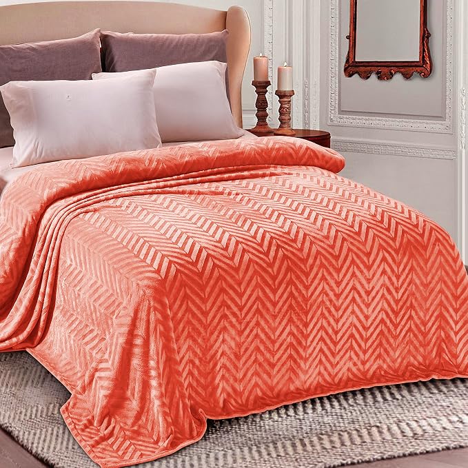 Whale Flotilla Flannel Fleece Bed Blanket Twin XL Size, Coral | Lightweight Breathable Soft Bedspread, Plush Fluffy Coverlet Chevron Design Decorative Blanket for All Season, 90x66 Inch