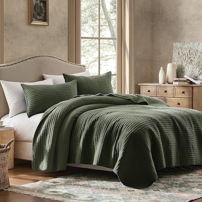 WDCOZY 100% Cotton Oversized King Size Quilt Set - Olive Green California Cal King Striped Pick Stitch Soft Lightweight Bedspread, Textured Like Linen, Farmhouse Country Rustic Coverlet, 3 Pieces