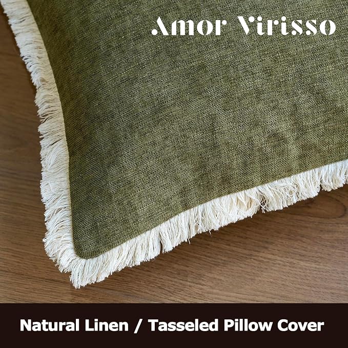 Amor Virisso Fringe Throw Pillow Covers 18x18 Set of 2 Boho Neutral Farmhouse Decorative Pillow Covers with Tassels for Couch Sofa Bed, Olive Green