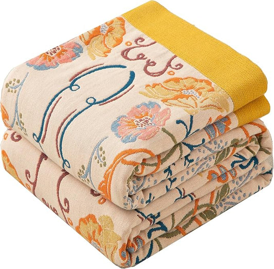 Phuryllic Boho Throw Blanket Twin Size, Soft Cozy Cotton Muslin Quilt Blanket for Bed Decor, Floral Patterned Couch Sofa Chair Cover, Vintage Farmhouse Cottage Tapestry Woven Blanket, Yellow&Blue