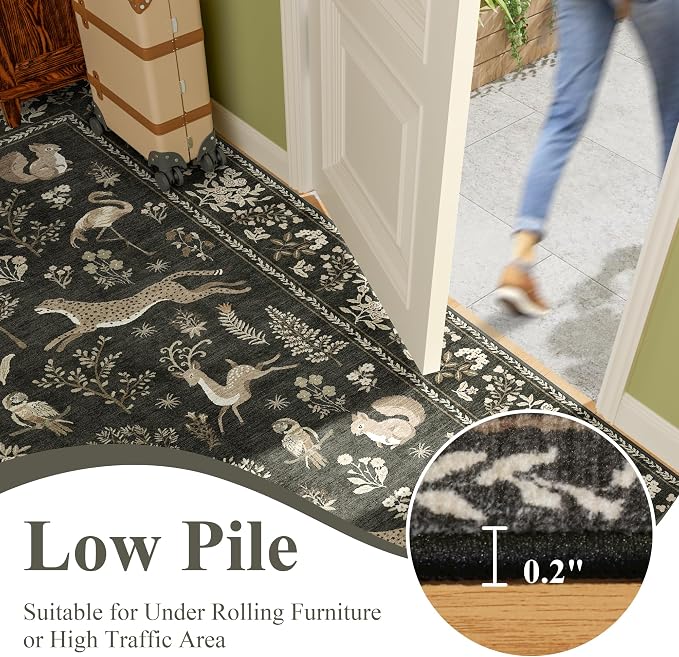 DUKINO 2x8 Washable Runner Rug, Non Slip Animal Kitchen Rug, Charcoal Black | Soft, Low Pile, Non-Shedding Indoor Carpet Runner for Hallway, Entryway, Bedroom, Bathroom, Pet Friendly, Stain Resistant