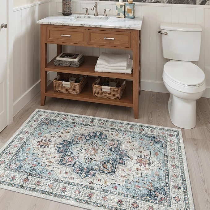 Madane Washable Entry Rug 3x4 Area Rugs for Entryway Kitchen, Blue | Vintage Printed Door Mat Indoor Entrance, Low-Pile Floor Carpet Runner for Inside Front Bedroom Kitchen Entry Laundry, Stair