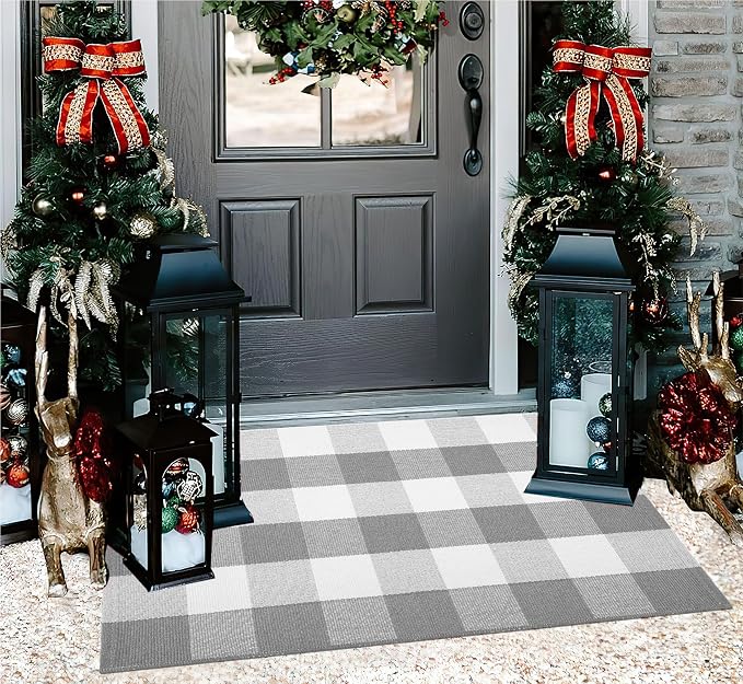 Buffalo Plaid Rug 24''x35''Grey and White Checkered Mat Cotton Machine Washable Carpet Layering Rug for Hello/Welcome Door Mat Front Porch, Kitchen, Farmhouse, Entryway,Bathroom