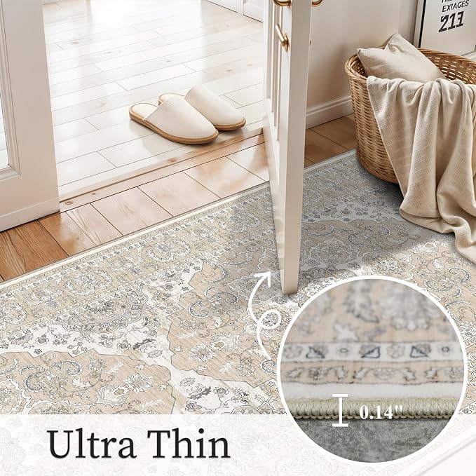 4x12ft Wide Washable Hallway Runners - Non-Slip Vintage Kitchen Rugs with Rubber Backing Stain Resistant Carpet for Dining Room Soft Thin Indoor Floor Mat for Living Room Bedroom (Beige/Cream,4x12)