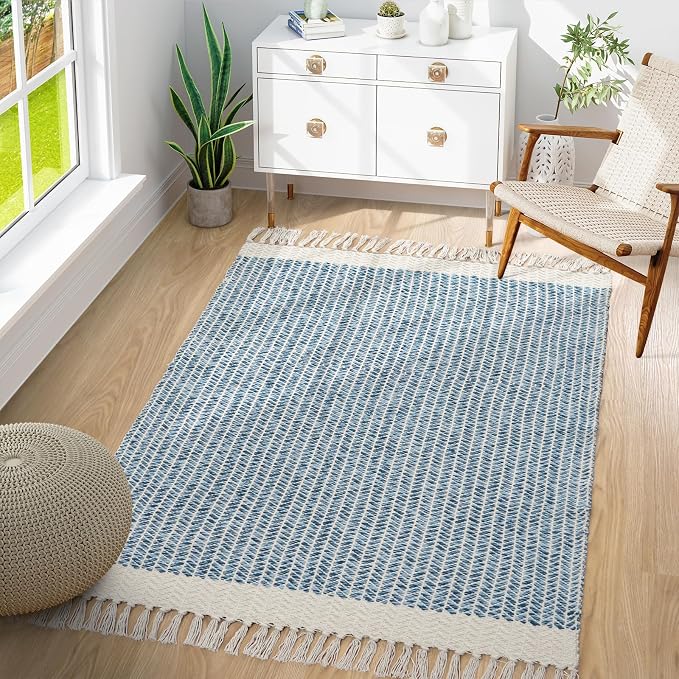 Lahome Boho Bathroom Rugs, 3x5 Washable Area Rug for Kitchen Bedroom Entry | Bath Door Mat with Tassels Woven Cotton, Farmhouse Blue Non Shedding Throw Carpet for Entryway Living Room Dorm Camper Rv