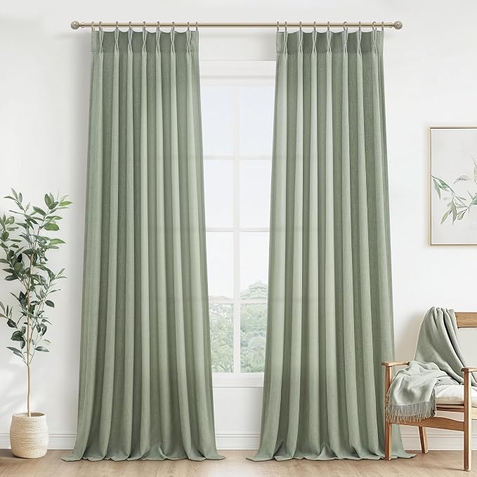 Sage Green Pinch Pleated Floor to Ceiling 102 Inch Long Curtains for Dining Room, Thick Linen Semi Sheer Window Drapes Light Filtering Privacy 8-1/2 FT Length Office/Sunroom Large Curtain 2 Panels