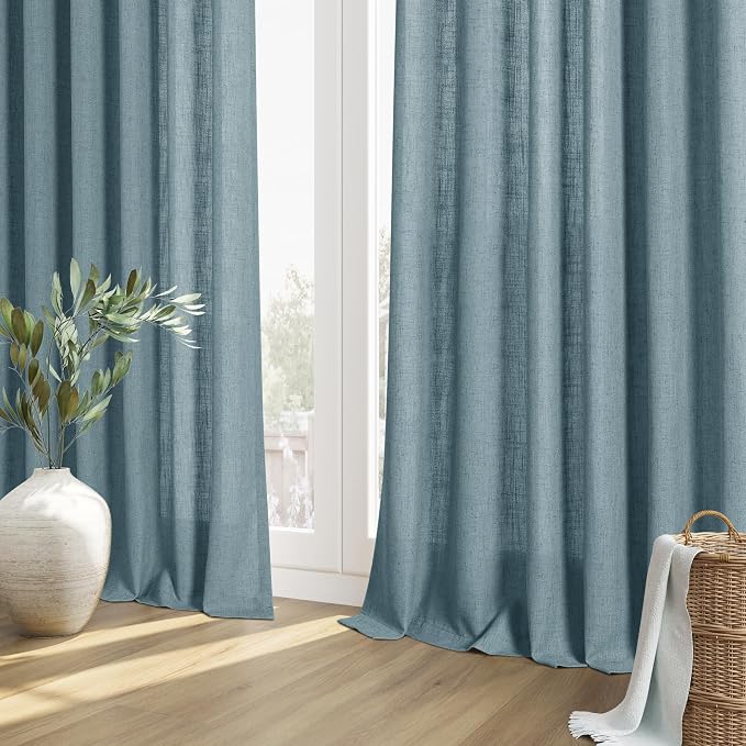 Blue Linen Curtains 120 Inch Length for Living Room Bedroom 2 Panels Set Rod Pocket Light Filtering Semi Sheer Window Curtains 52 Inch Width Boho Farmhouse Linen Drapes Dusty Blue, W52xL120