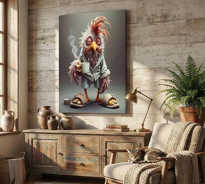 Funny Chicken Canvas Wall Art Stylish Chicken Wear Slippers Wall Decor | Picture Eclectic Animals Print for Dining Room Bar Cafes Family Artwork Home Decoration