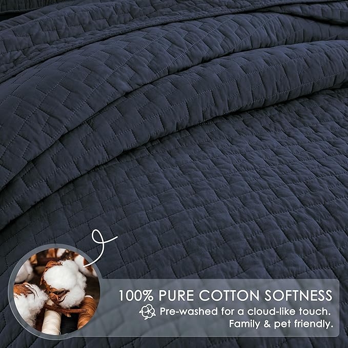 palassio Navy Blue 100% Cotton Quilt Twin Size Bedding Sets with 1 Pillow Sham, Textured Lightweight Soft Bedspread Shabby Chic Coverlet, Quilted Comforter Bed Cover for All Season, 2 Pieces
