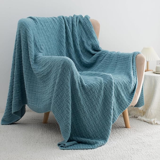 Blue Ultra Soft Knit Throw Blanket for Couch,50"X60" Microfiber Fluffy Cozy Warm Knitted Blankets with Checked Pattern for Sofa Bed