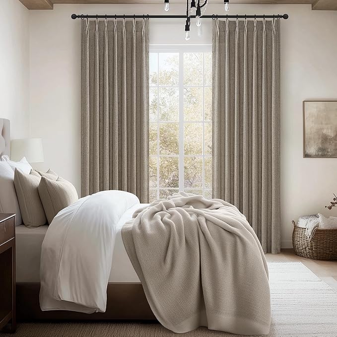 Thick Linen Pinch Pleated Sheer Curtains 96 Inches Long 2 Panels Set for Living Room Bedroom, Memory Trained Pinch Pleat Dark Flax Boho Drape Light Filtering Privacy Sliding Glass Door Burg 8ft Length