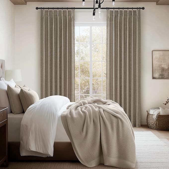Pinch Pleated Farmhouse Burlap 90 Inch Curtains for Bedroom 2 Panels Set, Natural Linen Blend Country Semi Sheer Light Filtering Drapes with Back Tab Dining Room Burg 40x90 Inches Long Windows Curtain