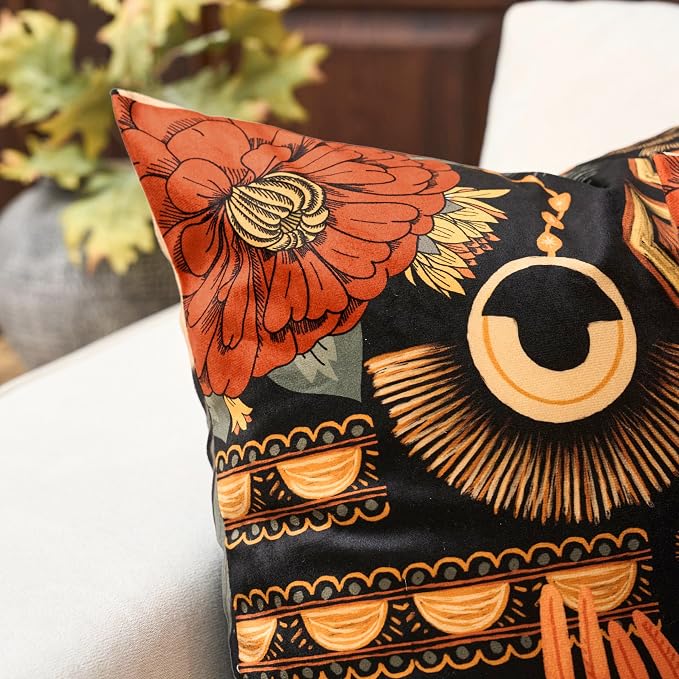 Tyrot Black Boho Floral Velvet Throw Pillow Covers Set of 2 Farmhouse Cushion Covers Mid Century Botanical Home Decor Accent Pillow Cases for Couch Sofa Living Room, Bedroom, 20x20 Inches