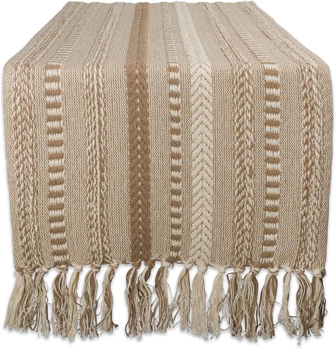 DII Farmhouse Braided Stripe Table Runner Collection, 15x72 (15x77, Fringe Included), Stone (Pack of 12)