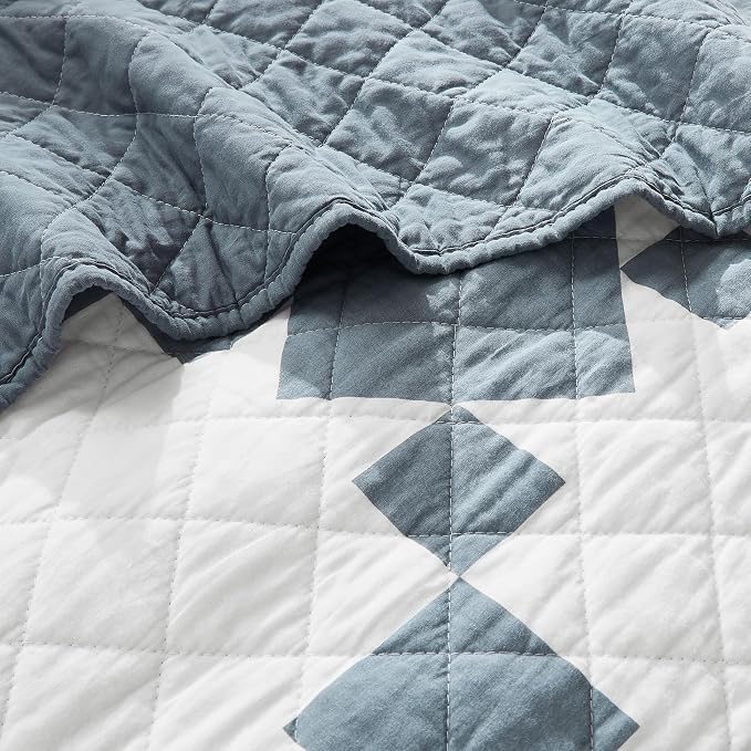 WDCOZY 100% Cotton Quilt King Size, Lightweight Reversible Gingham Patchwork Bedding Set with 2 Pillow Shams, Blue Block Pattern Farmhouse Bedspread Shabby Chic Coverlet Thin Comforter All Seasons