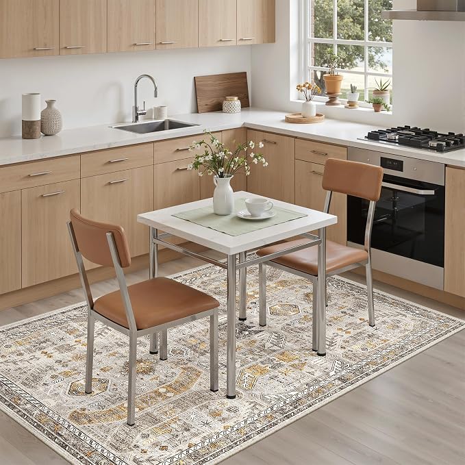 Madane Area Rug 4x6 Washable Rugs Vintage for Living Room, Brown/Gold | Ultra-Thin Stain Resistant Vintage Large 4'X6' Carpet, Soft Low Pile Floor Mat For Bedroom Dining Room Office Home Decor