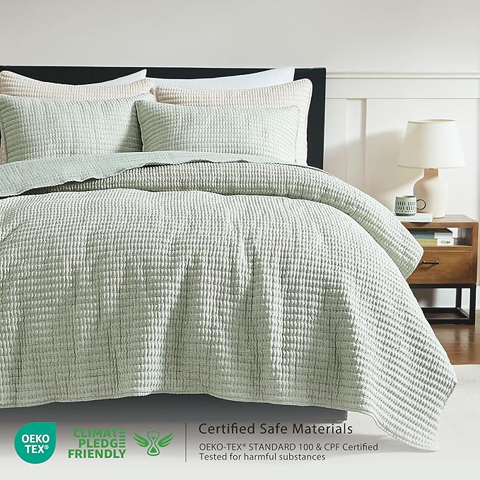WDCOZY Sage Green Pick Stitch Queen Size Quilt Set, Striped Lightweight Soft Summer Spring Bedspread, Bamboo Linen Like Textured Coverlet, Chambray Farmhouse Country Rustic Thin Bedding Comforter