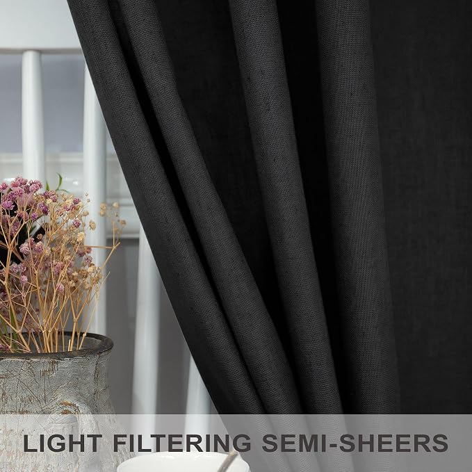 Black Long Drapes 108 Inch Length for Living Room 2 Panels Set Hidden Tab Loop Pocket Sheer Minimalist Black Linen Curtain for Bedroom Patio Door Cottage Cabin Noir Negras Accent Decor