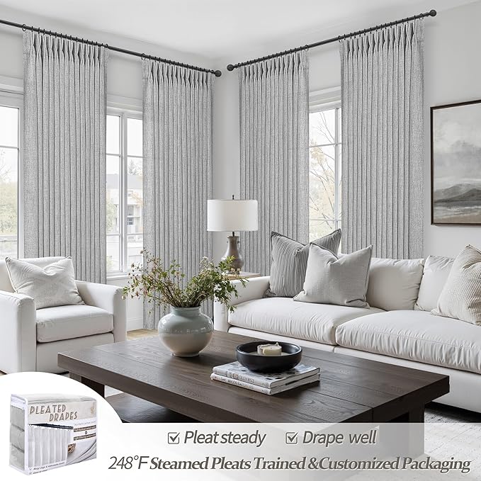 Extra Long 120 Inch Light Grey Thick Linen Curtains for Living Room, Memory Shape Pinch Pleated Semi Sheer Floor to Ceiling Curtain Light Filtering Privacy 10FT Length Elegant Window Drapes Panel of 2